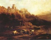 Jenaro Perez Villaamil Herd of Cattle Resting on a Riverbank in Front of a Castle (mk22) oil painting